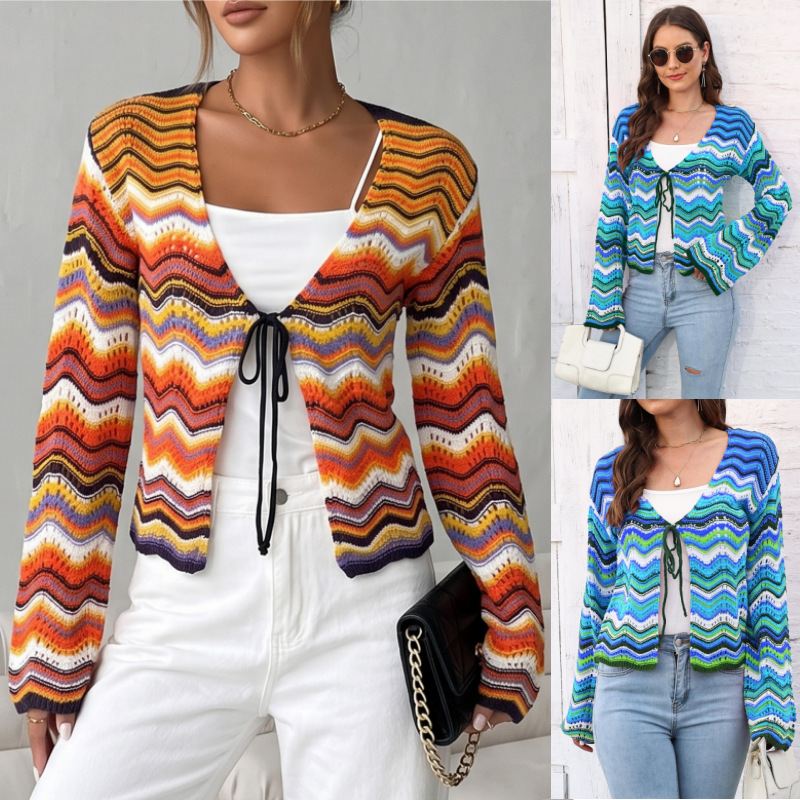 Rainbow Wavy Knit Cardigan Women's V-Neck Long Sleeve Tie-Front