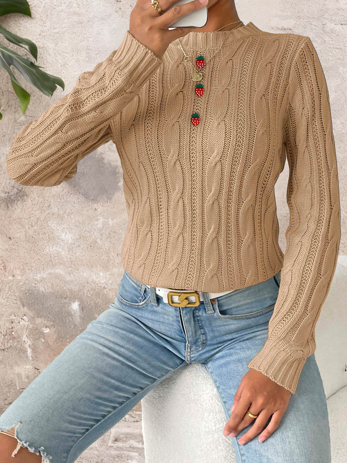 Women's Strawberry Button Crewneck Pullover Knit Sweater