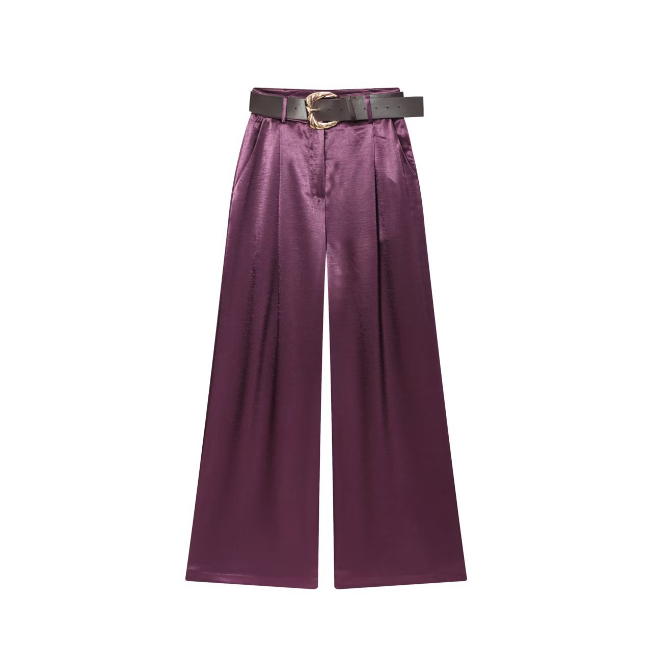 Satin-Feel Top and Wide-Leg Pants Set with Belt