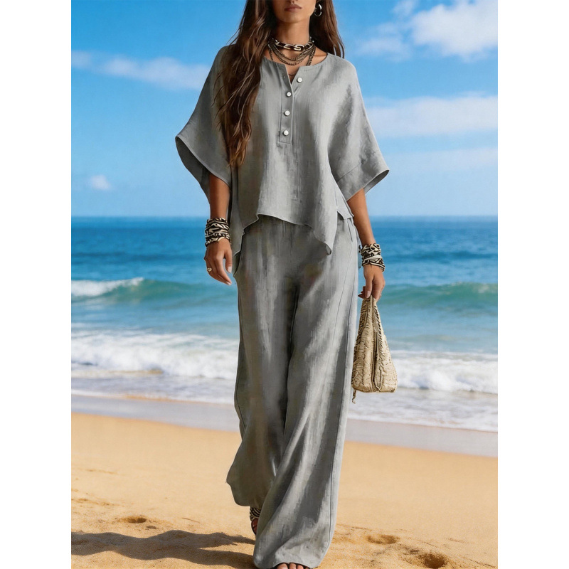 Women's Asymmetrical Round Neck T-Shirt and Pants Two-Piece Set