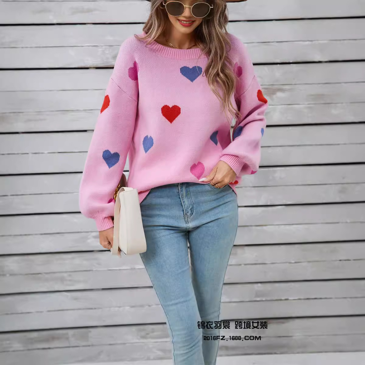 Heart Pattern Crewneck Pullover Sweater