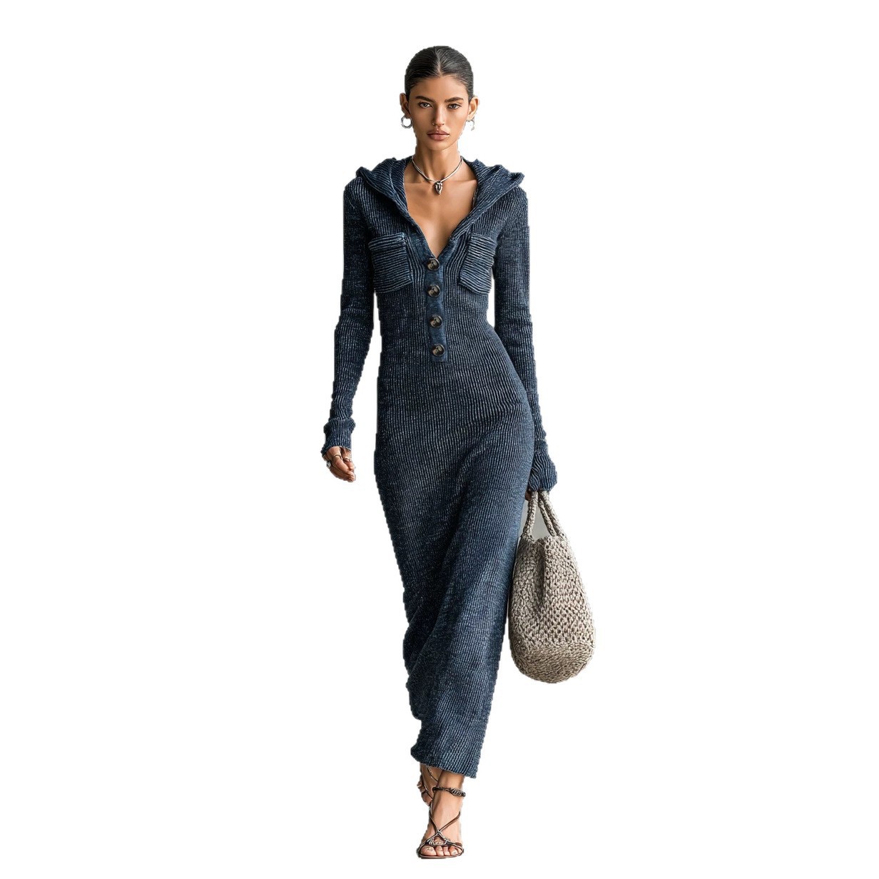 Slim-Fit Half-Open Collar Hooded Knit Sweater Dress