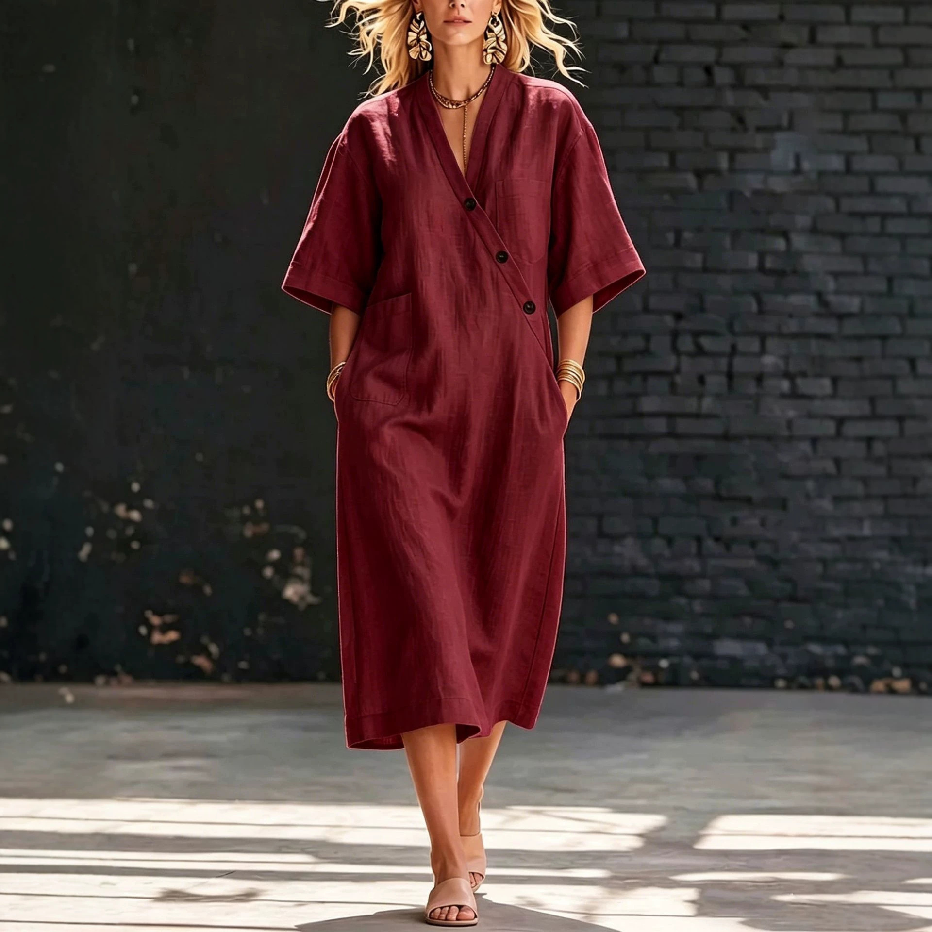 V-Neck Button-Front Cotton-Linen Midi Dress with Pockets Short Sleeve