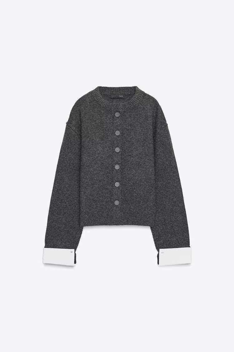 Color-Block Crewneck Long-Sleeve Knit Cardigan