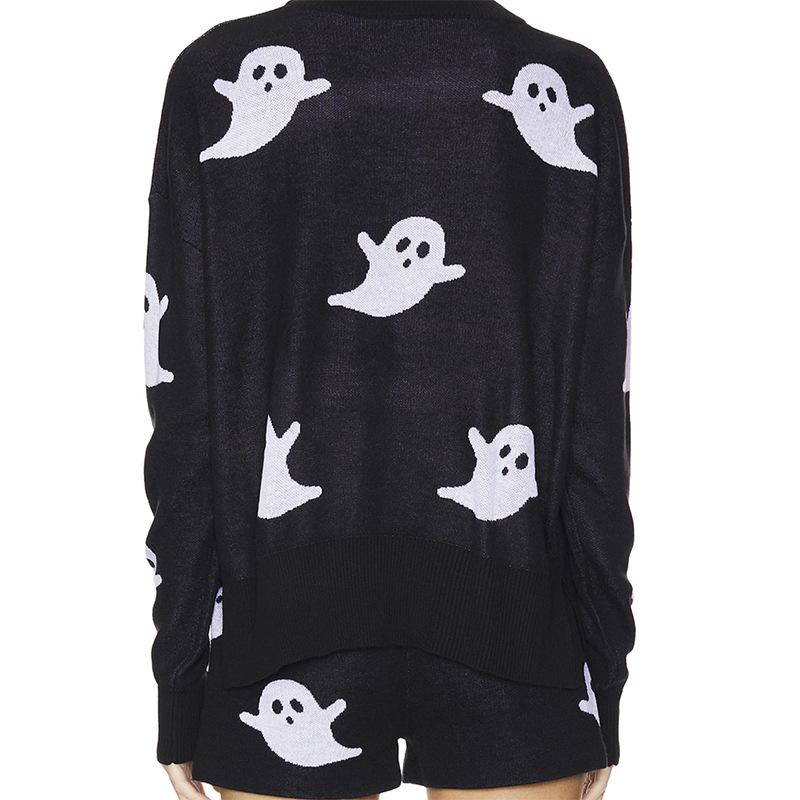 Dark Gothic Ghost Pattern Knit Sweater and Shorts Two-Piece Set