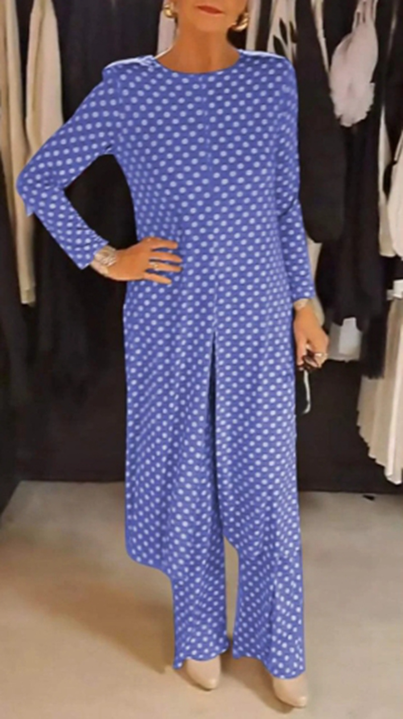 Women's Polka Dot Round Neck Slim Fit Slit Top Set