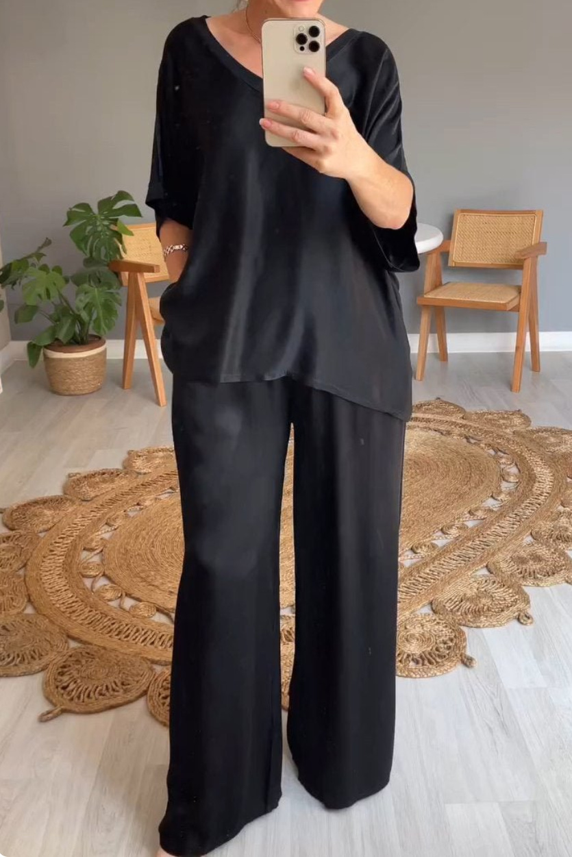 Women's Solid Silk-Finish V-Neck Casual Two-Piece Pants Set