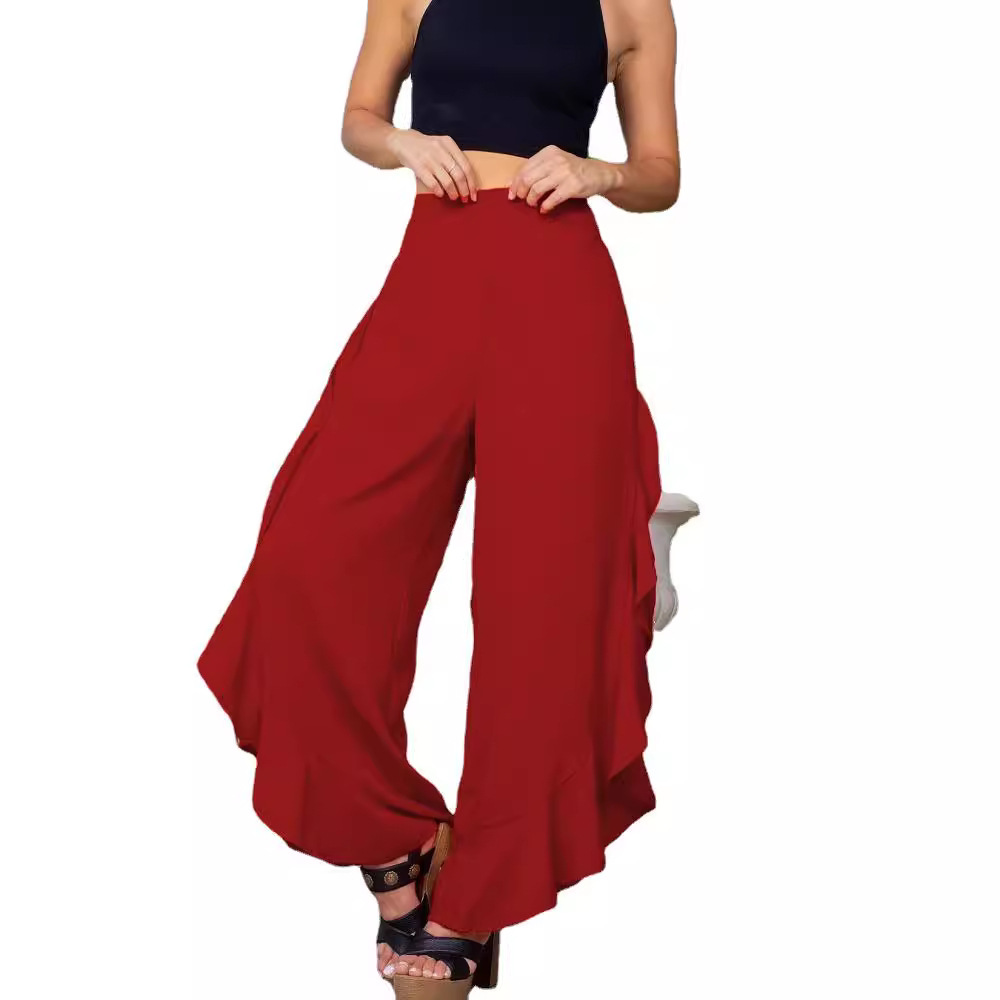 Solid Ruffle Wide-Leg Elastic Waist Casual Pants for Women