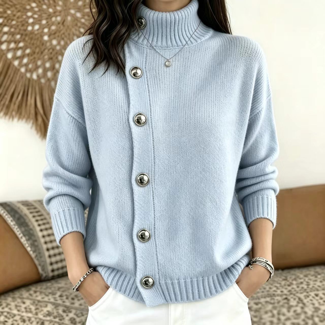 Metal Button Solid Color Loose Turtleneck Sweater