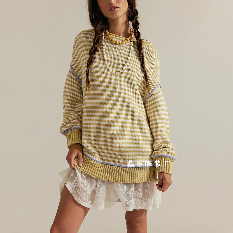 Striped Knit Crewneck Pullover Loose Sweater