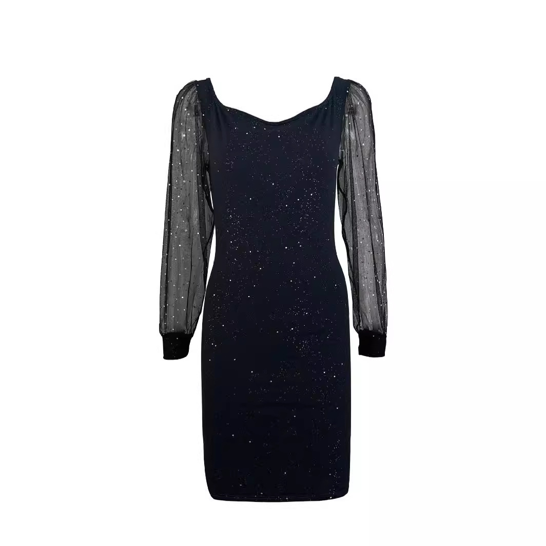 Elegant V-Neck Mesh Sleeve Bodycon Evening Dress with Gold Foil Detail