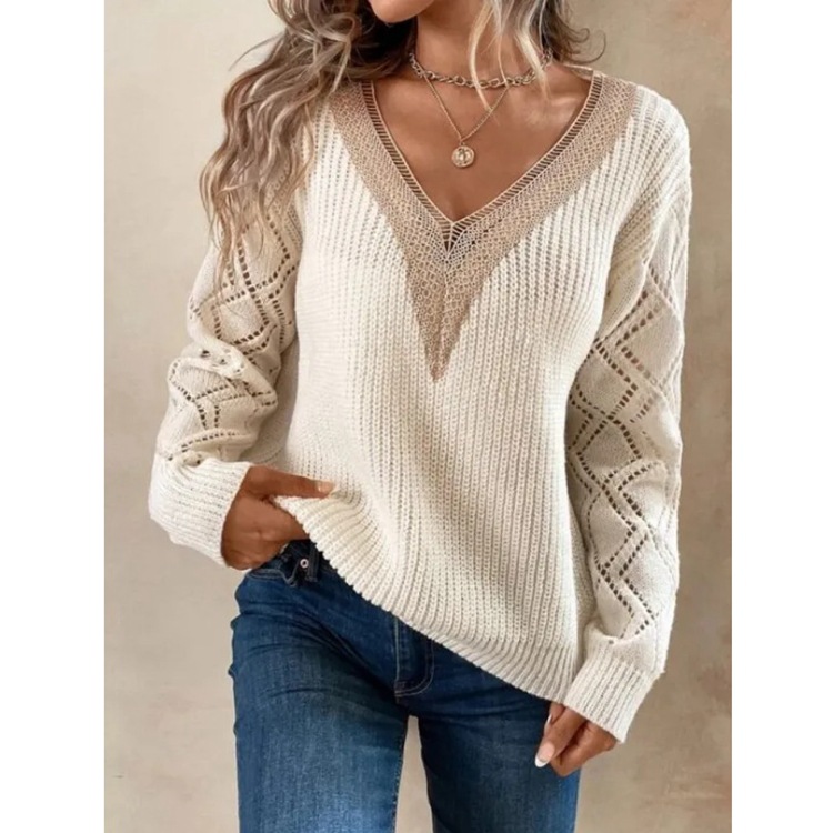 V-Neck Loose Knit Sweater for Women Casual Pullover