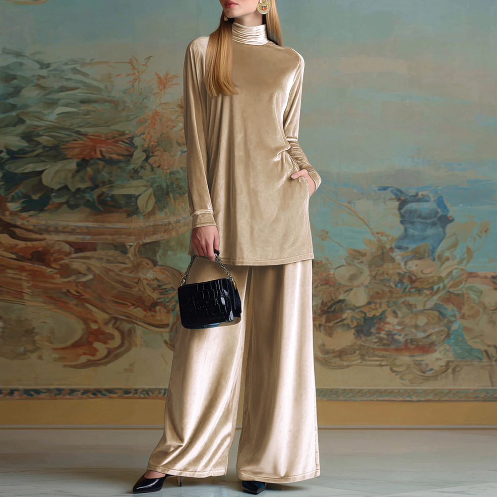 Velvet High-Neck Slit Top & Wide-Leg Pants Set