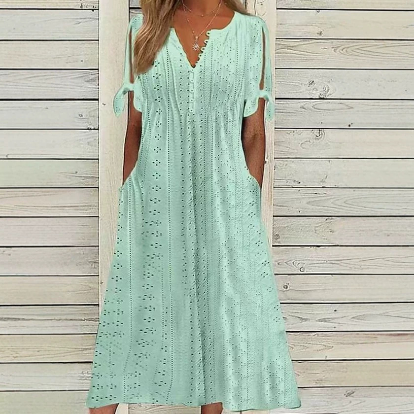 Women's Casual Loose High Waist Embroidered Solid Color Dress