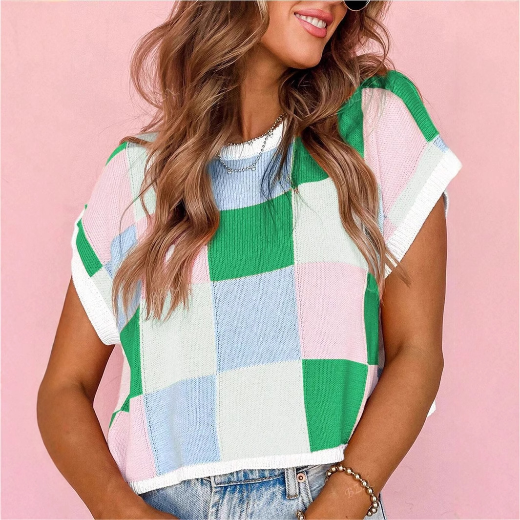 Color Block Checkered Cropped Knit Top