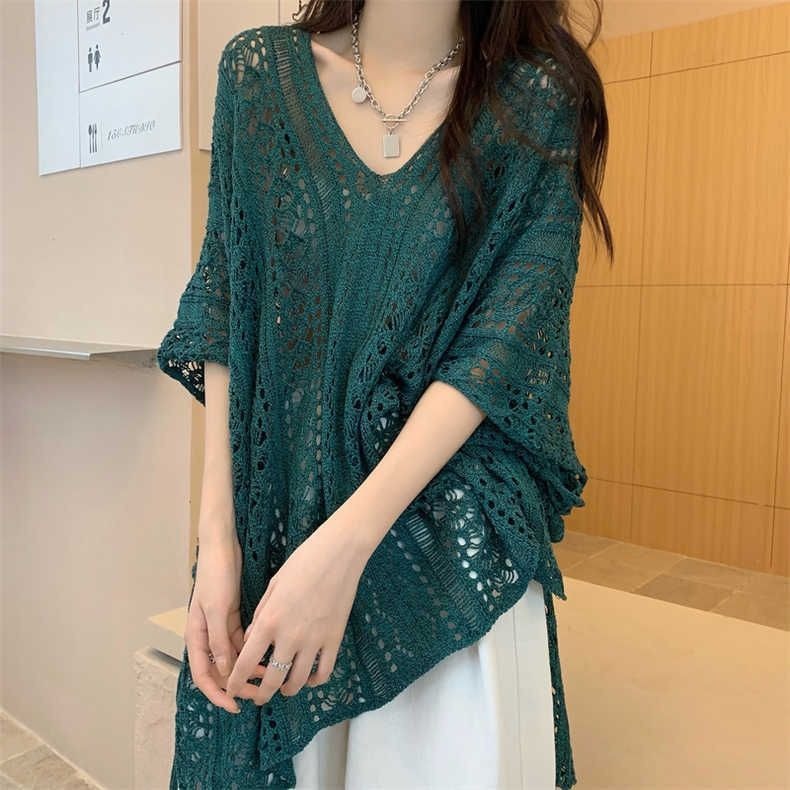 Openwork Short-Sleeve Knit Top Women's Loose Lightweight Sun Protection Cover-Up