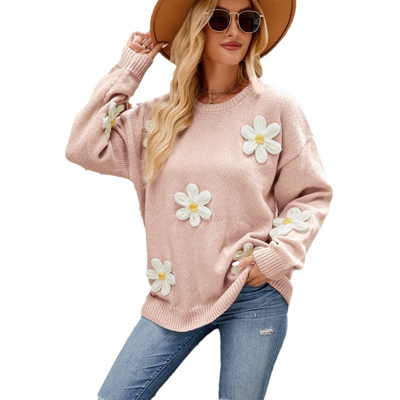 Women's Loose Long Sleeve Round Neck Floral Crochet Knit Sweater
