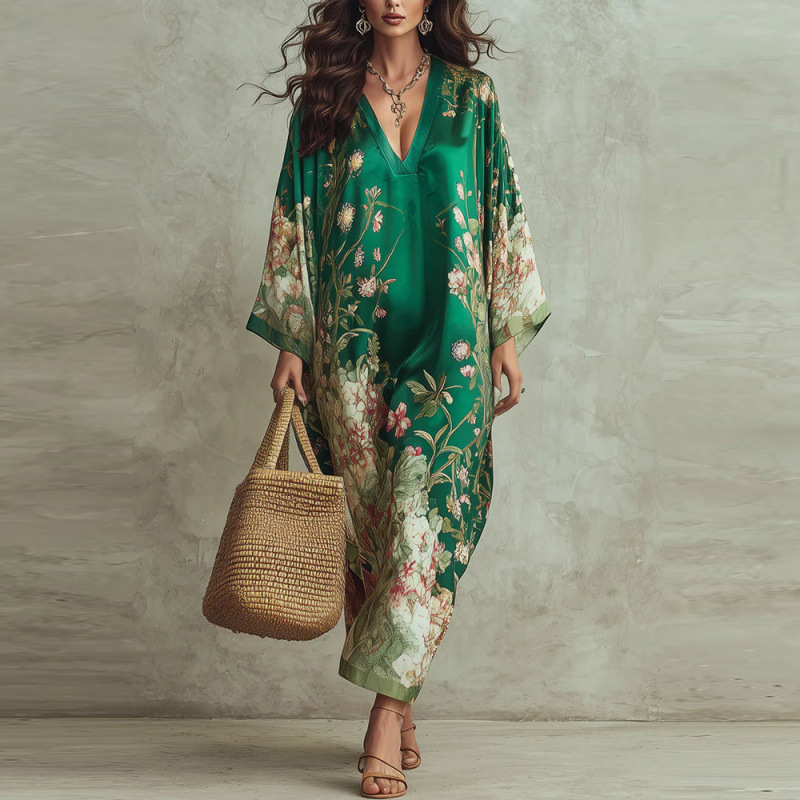 Bohemian Deep V-Neck Floral Print Long Dress