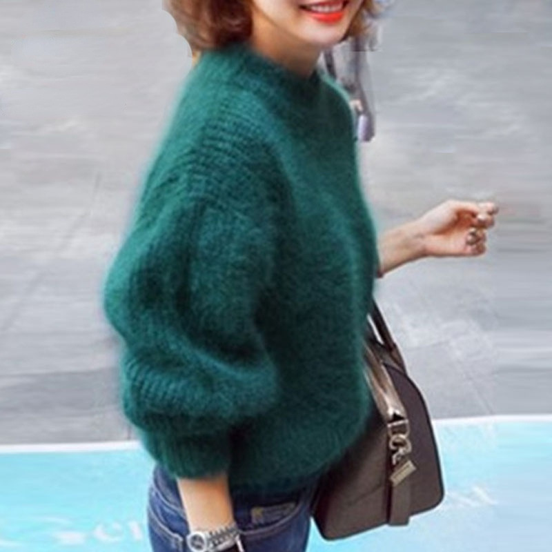Korean Lantern Sleeve Mink Hair Half Turtleneck Pullover Sweater