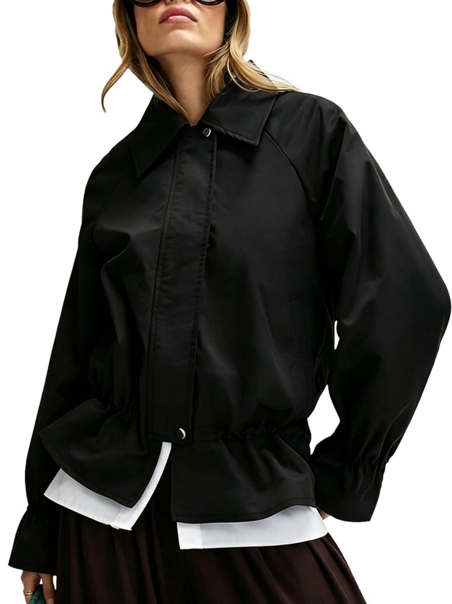 Women's Loose Fit Polo Collar Zip-Up Jacket with Cinched Waist