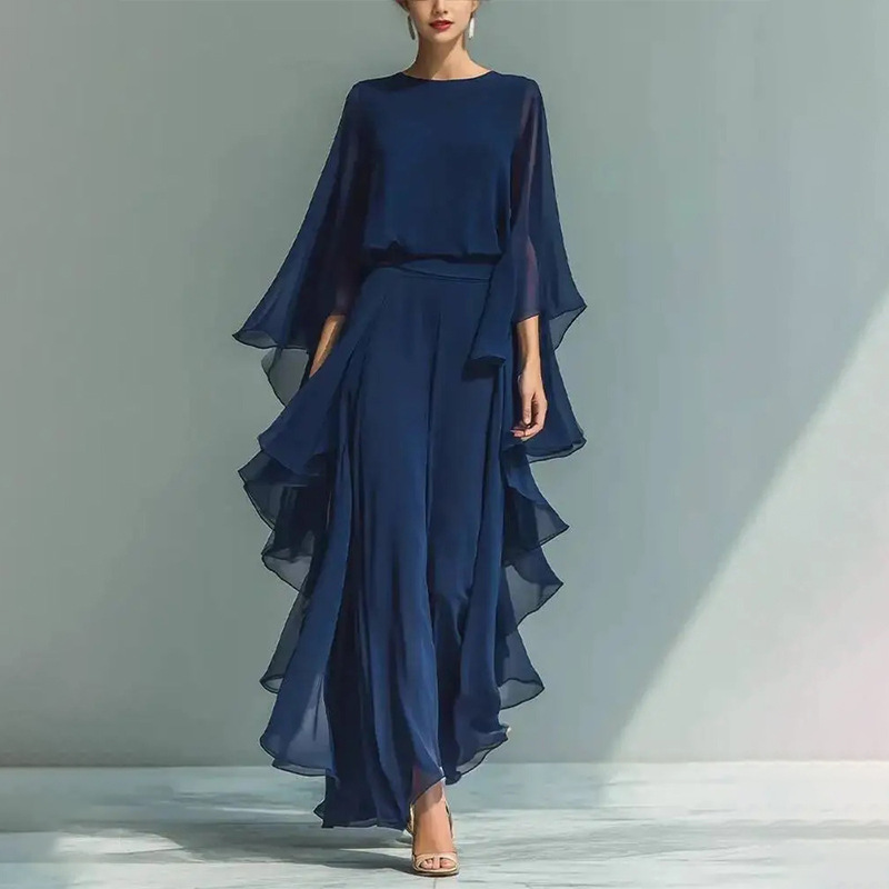 Women's Navy Chiffon Top and Straight-Leg Pants Set with Bell Sleeves and Ruffles