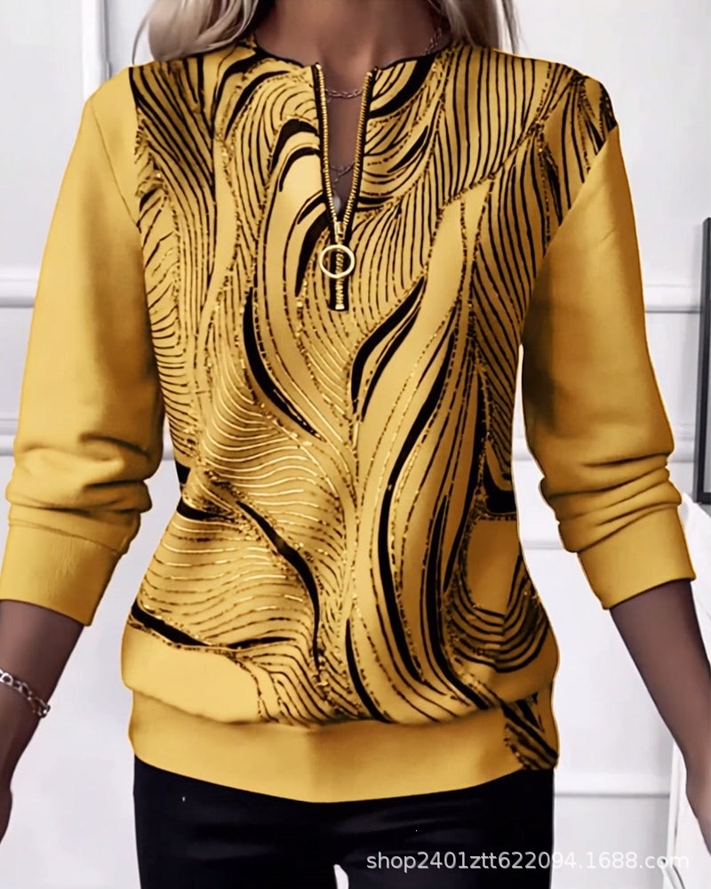 Women's Boho Print Long Sleeve Zip-Up Sweatshirt Casual Top