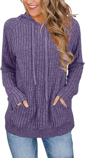 Ribbed Knit Hooded Pullover Sweatshirt with Pockets for Women