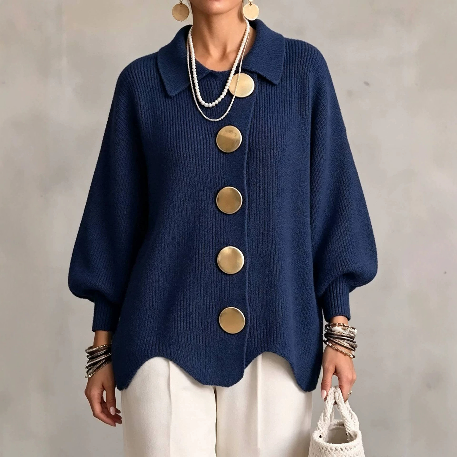 Oversized Knit Cardigan with Lapel Collar and Large Metal Buttons