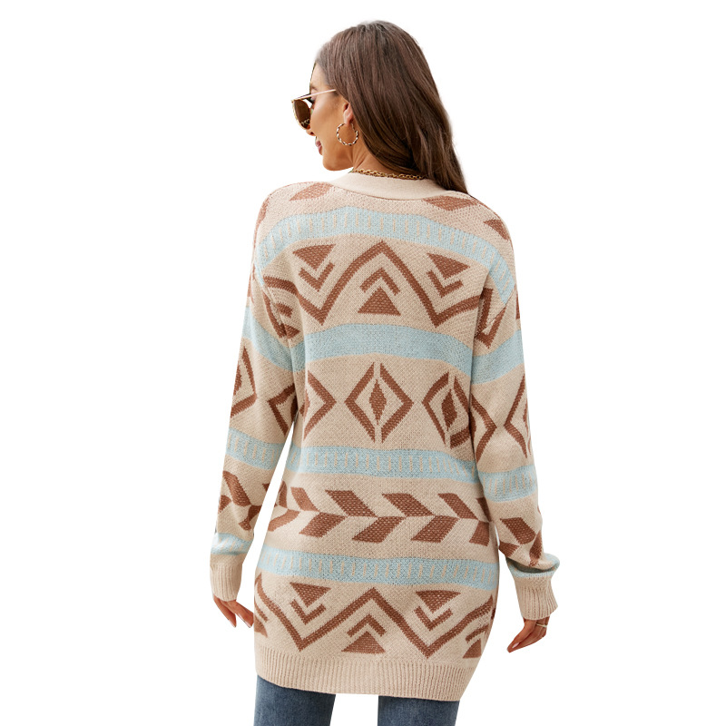 Women's Diamond Jacquard Knit Cardigan Loose Midi Sweater Coat