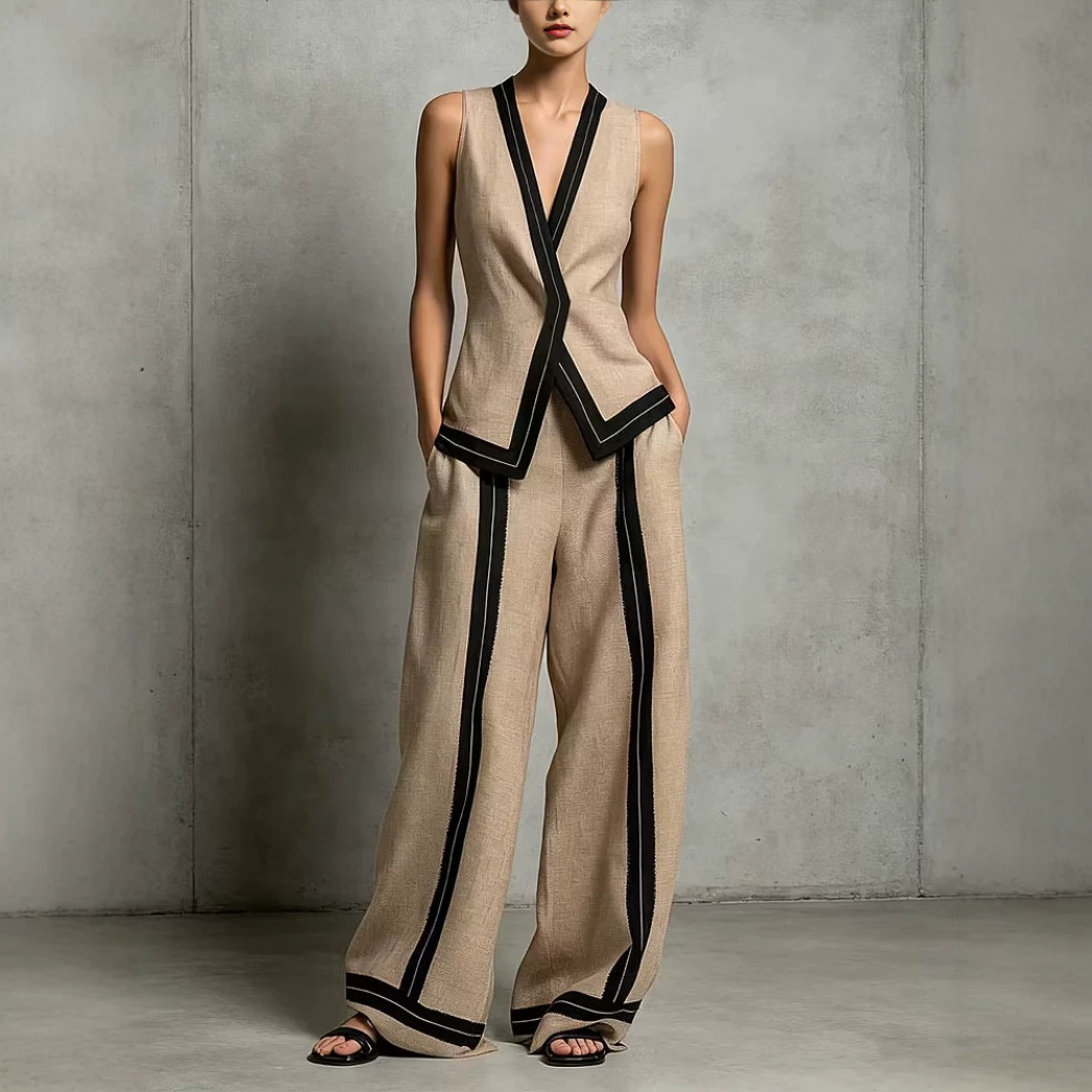 Women's V-Neck Sleeveless Top and High-Waist Wide-Leg Pants Set