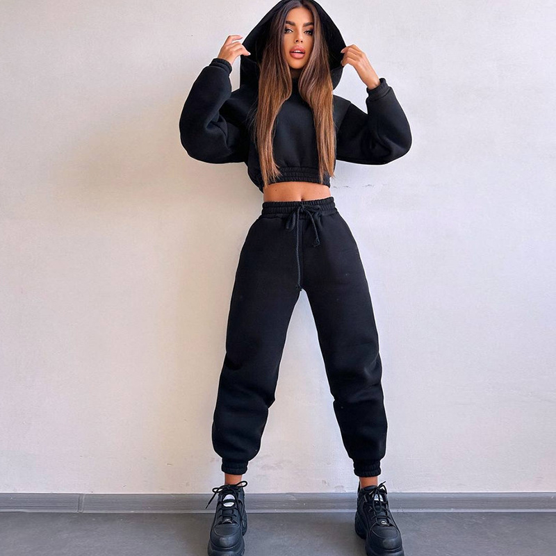 Women's Long Sleeve Hooded Crop Hoodie and Lace-Up Sweatpants Set