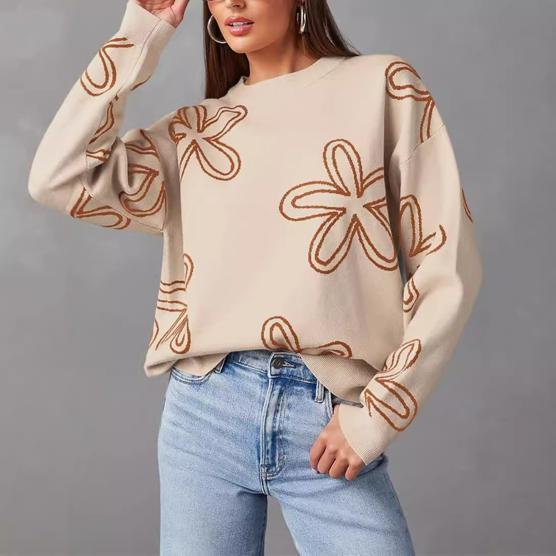 Women's Floral Print Chunky Knit Crewneck Long Sleeve Pullover Sweater
