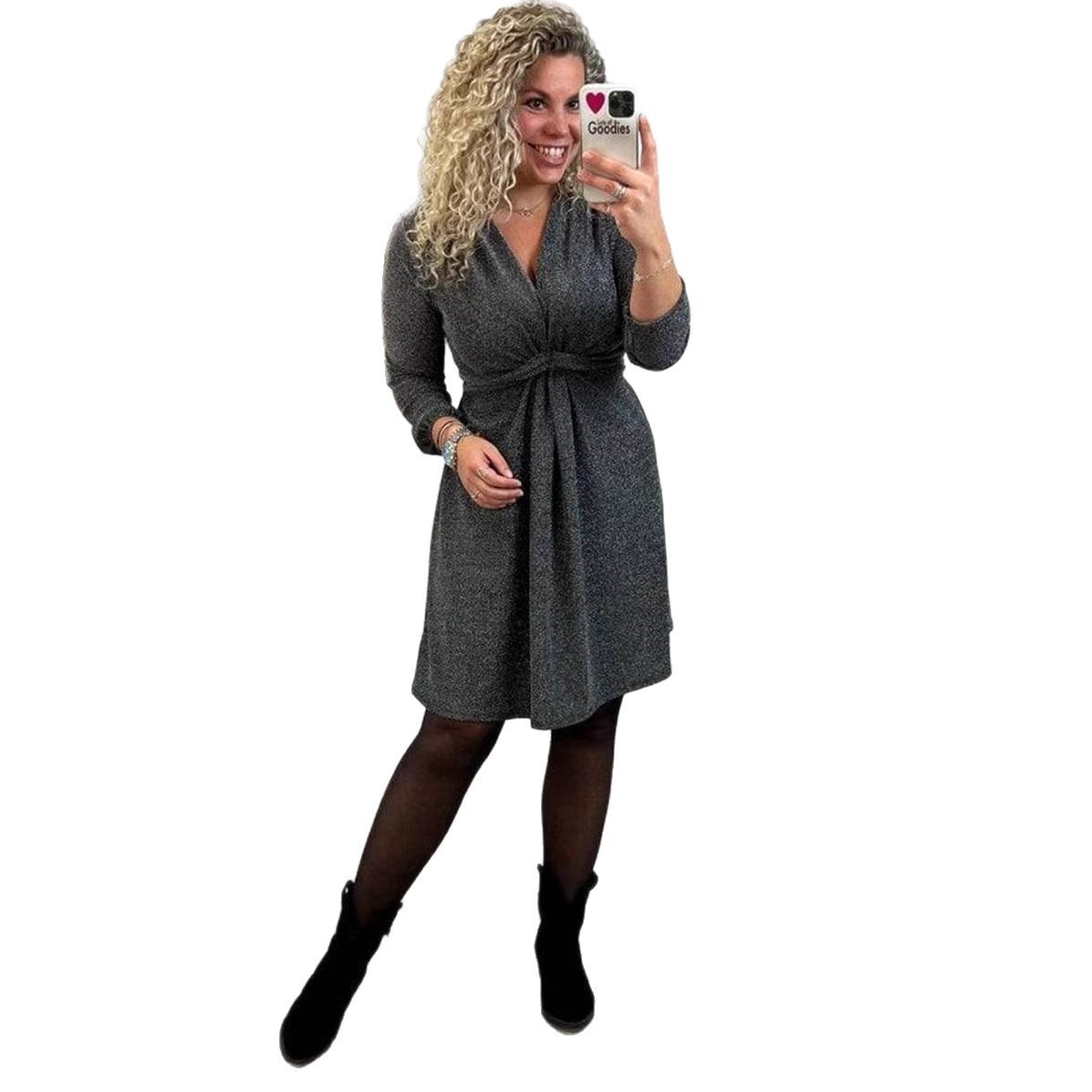 V-Neck Long Sleeve Tie-Waist Midi Dress