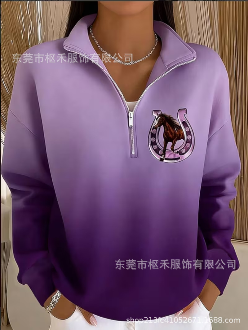 Women's Half-Zip Horse Track Print Hoodie