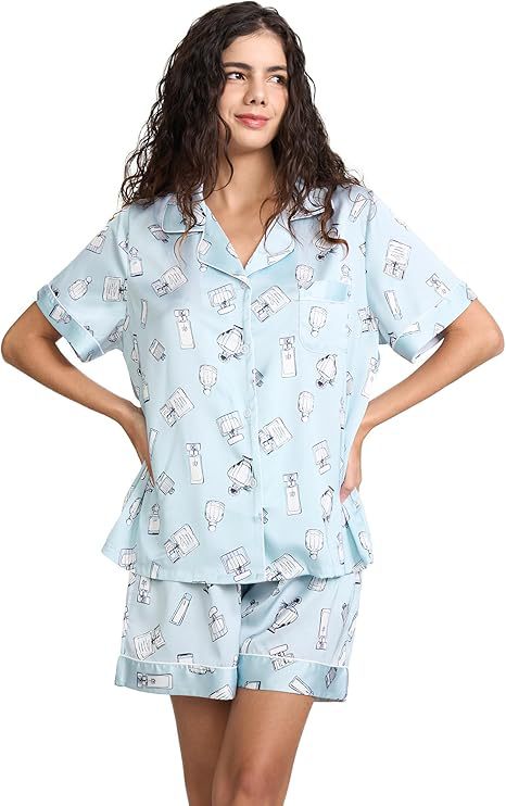 Women's Cuban Collar Satin Striped Print Short Sleeve Shirt Set