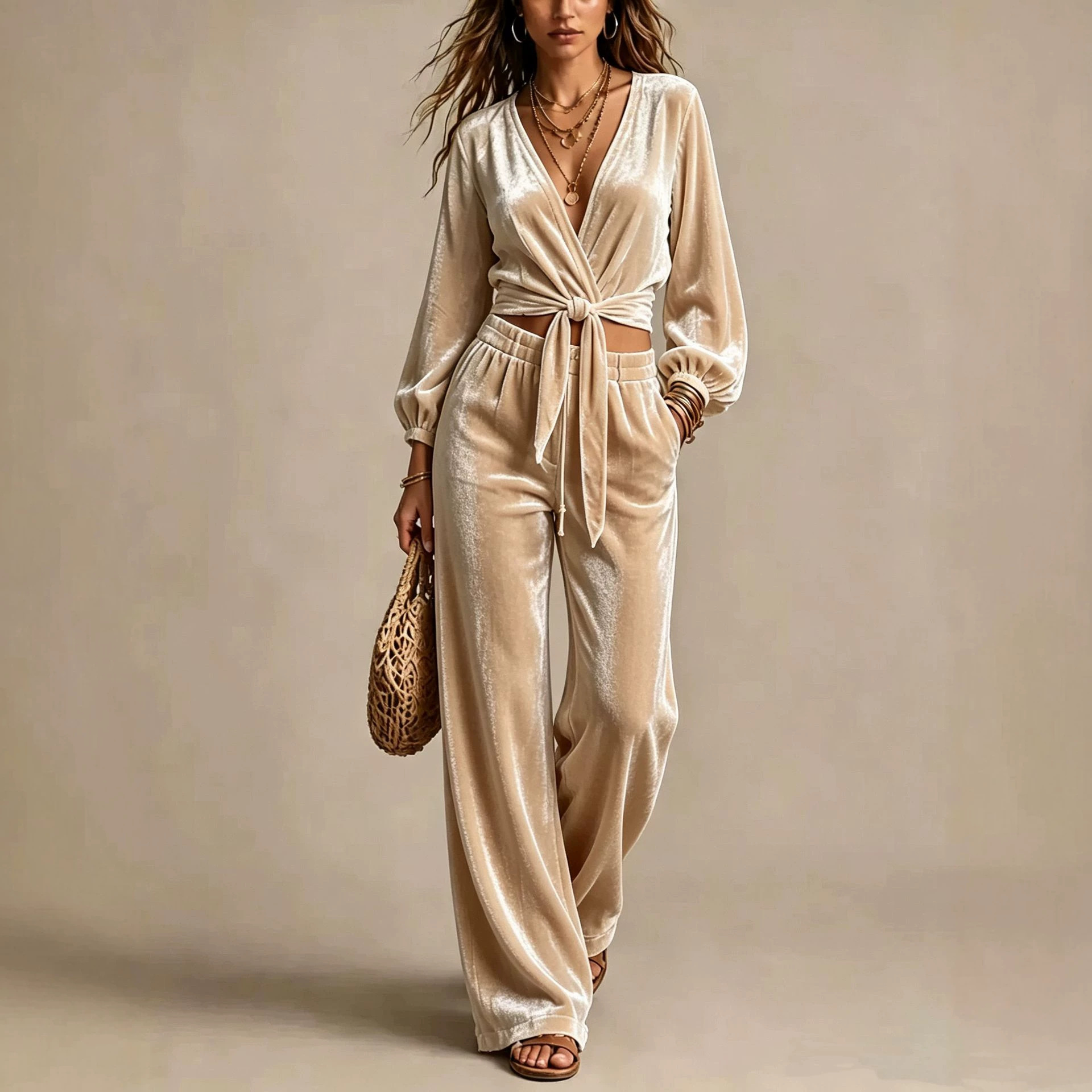 Corduroy V-Neck Cinched Waist Two-Piece Pants Set