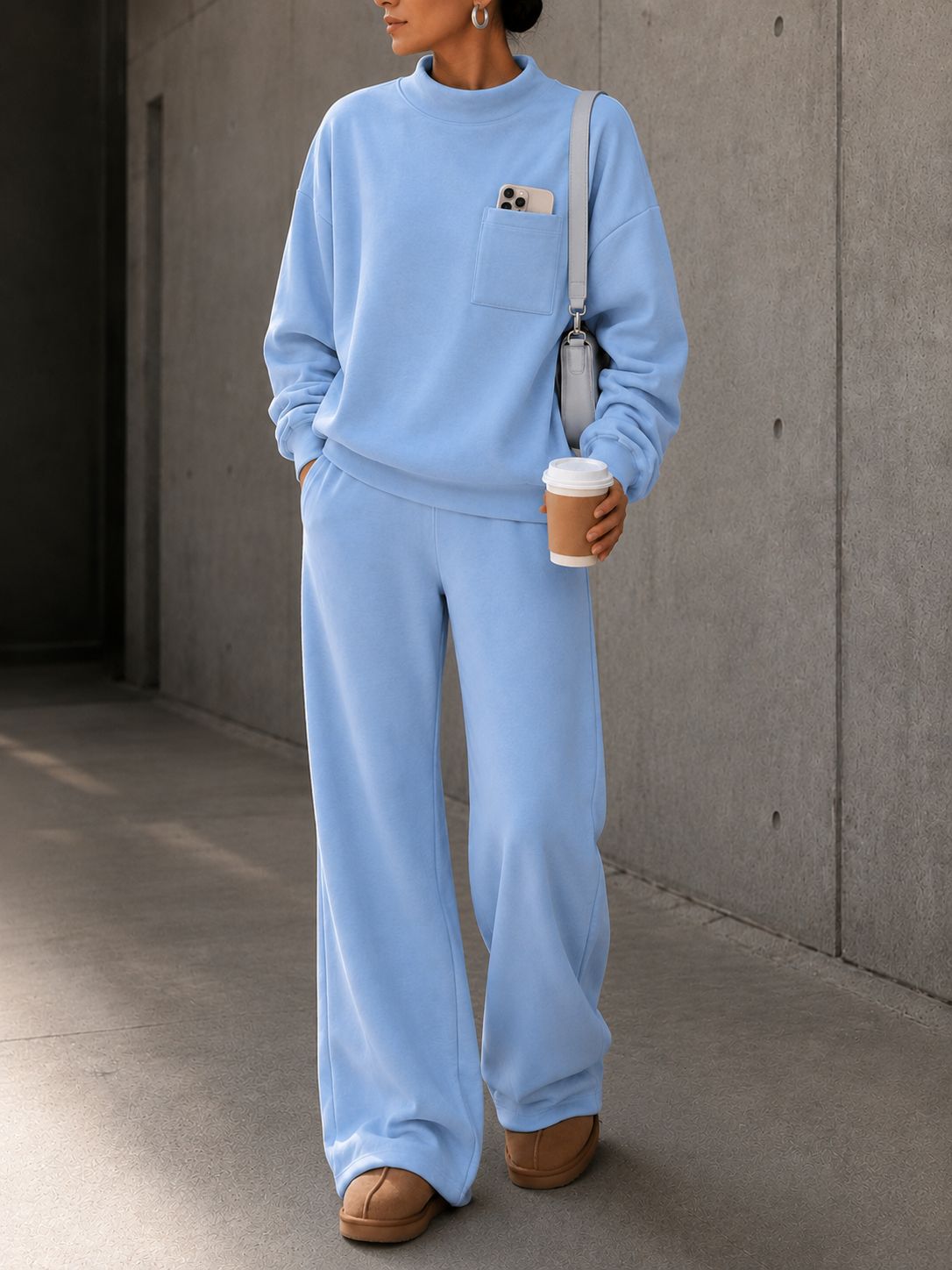 Women's Loose Stand Collar Sweatshirt & Wide-Leg Pants Set Solid Color Casual Sportswear