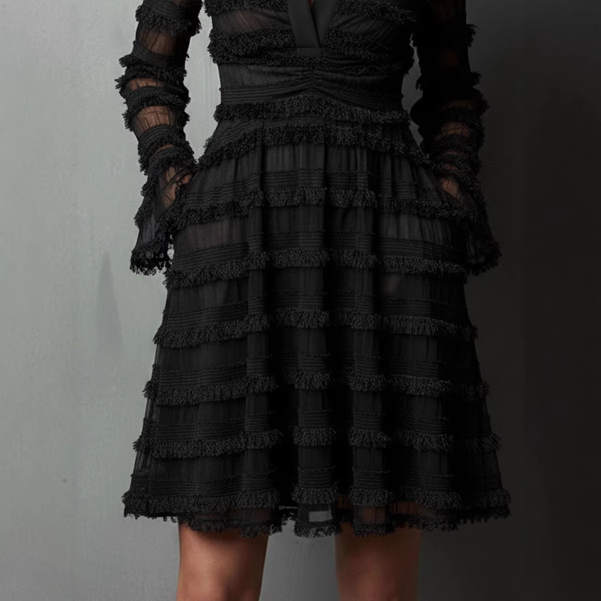 Sexy Sheer Slim Fit High Waist Pleated Midi Dress