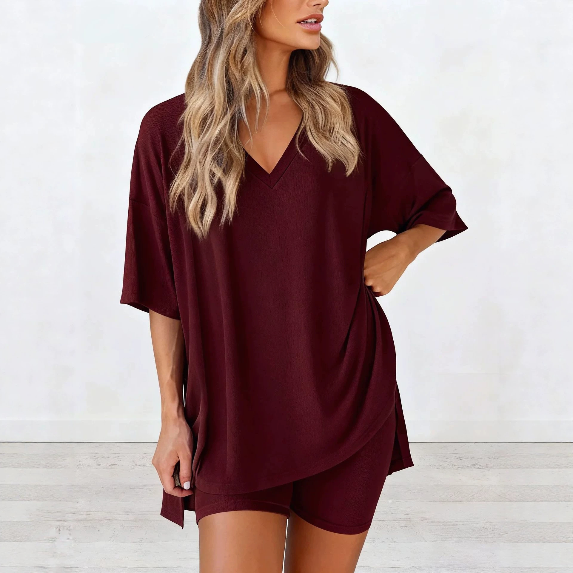 Women's V-Neck Solid Color Loose Pajama Set