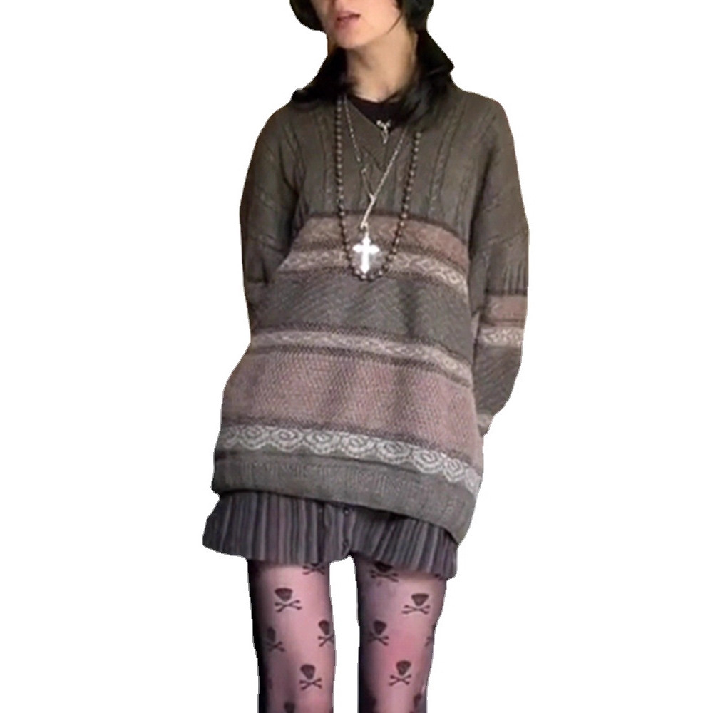 V-Neck Long-Sleeve Striped Color-Block Loose Knit Sweater