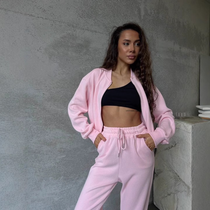 Women's Solid Color Long Sleeve Zip Cardigan and Tie Waist Jogger Two-Piece Set with Pockets
