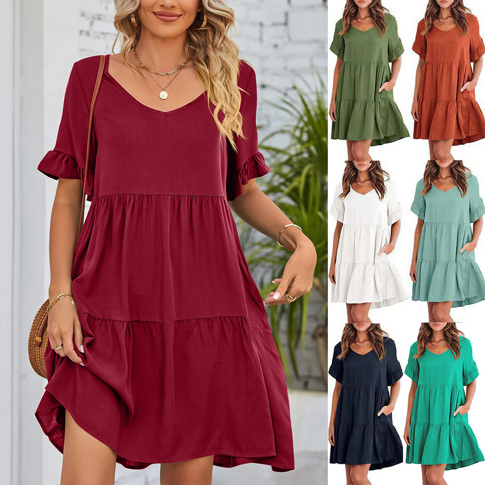 Women's Summer V-Neck Babydoll Dress with Three-Tier Ruffle