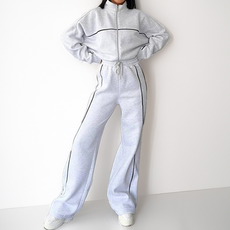 Women's Half-Turtleneck Zip Cardigan and Tie Pants Set Casual Sportswear