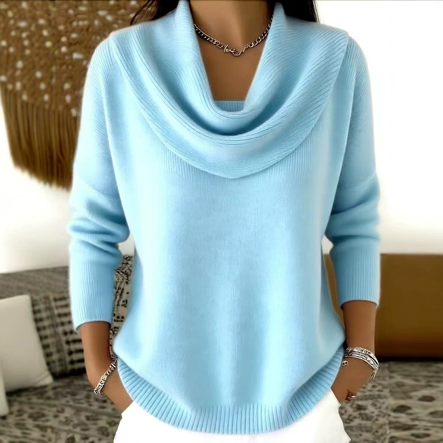 Women's Solid Color Long Sleeve Knit Top with Cowl Neck
