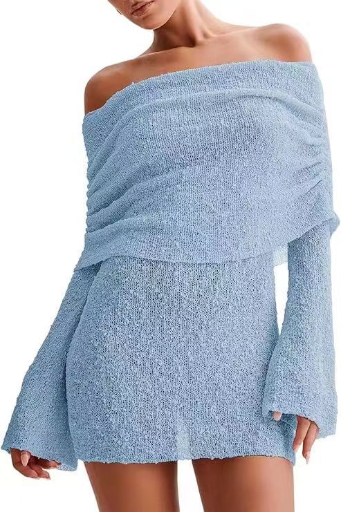 Sheer Knit Off-Shoulder Long-Sleeve Mini Bodycon Dress