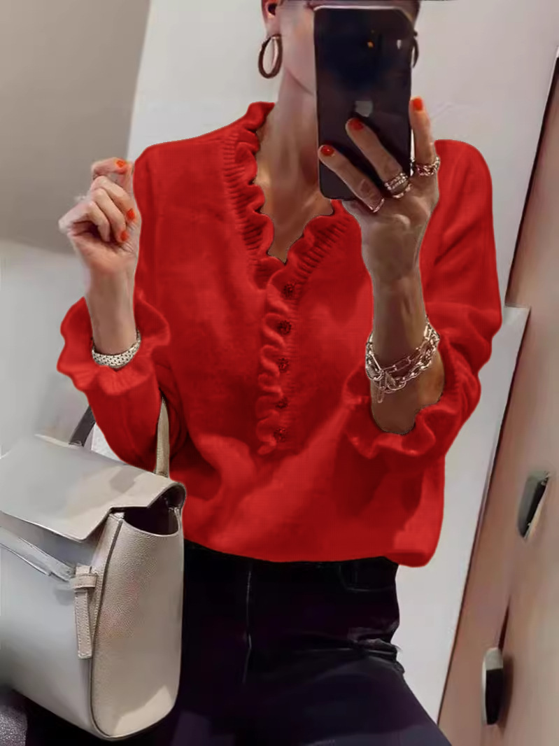 Women's Long Sleeve Ruffle Knit Top V-Neck Beaded