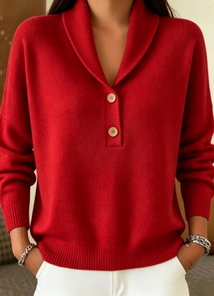 Soft Skin-Friendly Shawl Collar Knit Sweater Women's Two-Button Half-Open Neck Loose Solid Pullover