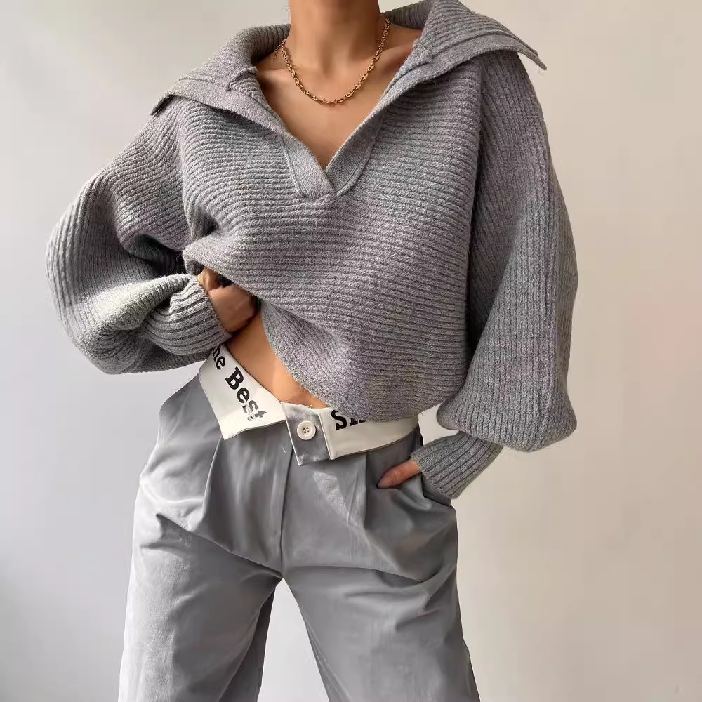 Women's Loose Lantern Sleeve Open Collar Pullover Cropped Sweater