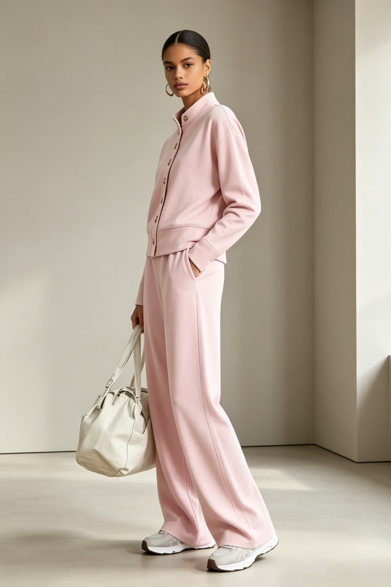 Women's Solid Stand-Collar Cardigan Hoodie & Wide-Leg Pants Set