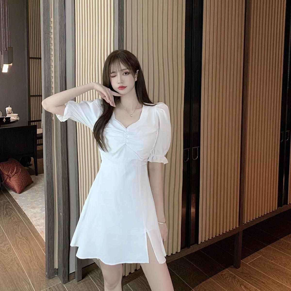 French Retro Hepburn V-Neck Waist-Slimming Split Midi Dress